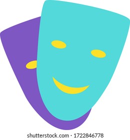 Symbol Comedy and Drama of Theater Two Mask Icon. Design Colorful Traditional Sign of Cultural Humor and Tragedy Entertainment. Couple Funny Laughing and Sad Crying Guises Template Vector Flat