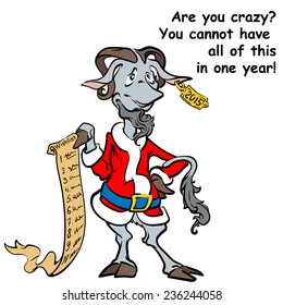 Symbol of the coming 2015 year according to the Chinese calendar - the Goat, dressed in Santa Claus's costume holding a wish list in his hoof. EPS8 vector illustration.