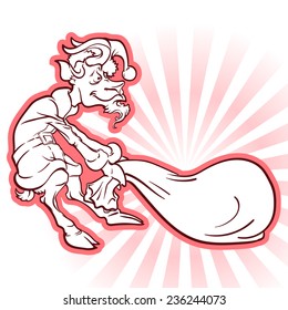 Symbol of the coming 2015 year according to the Chinese calendar - the Goat, dressed in Santa Claus's costume and dragging a heavy sack with Christmas presents behind him. EPS8 vector illustration.