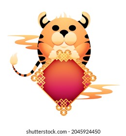 Symbol of coming 2022 Chinese New Year of the Tiger. Cute character for November sticker or calendar with copy space. Cartoon tiger holding traditional gold coin pendant. Vector isolated illustration