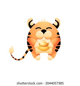 Symbol of coming chinese 2022 year of the tiger. Cute little tiger holding a gold bar, sign of wealth and prosperity. Happy character for oriental calendar of 2022 design. Vector isolated illustration