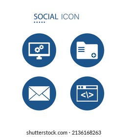 Symbol of Computer Setting, Add folder, Envelope and Programming icons on blue circle shape isolated on white background. Icons about social vector illustration.