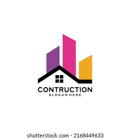 Symbol concept for accounting or real estate company. Vector design with commercial building and chart bars. Business logo concept.
