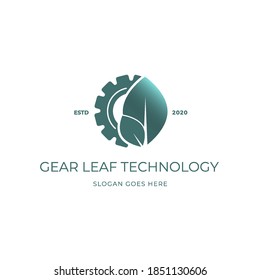 Symbol Concept With Gear Leaf.  Modern Agricultural Technology Logo Design Template. Icon Idea For Farming And Food Production Theme.