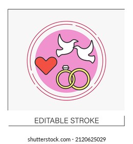  Symbol concept line icon. Two wedding pigeons. Eternal love and commitment symbol. Wedding. Vector isolated conception metaphor illustration