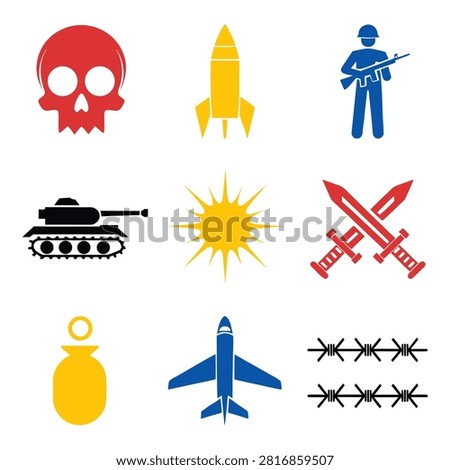  Symbol of Conflict and Destruction: A compilation of stark graphic symbols representing war and its devastating impact, including a skull, rocket, soldier, tank, crossed swords, airplane, bomb