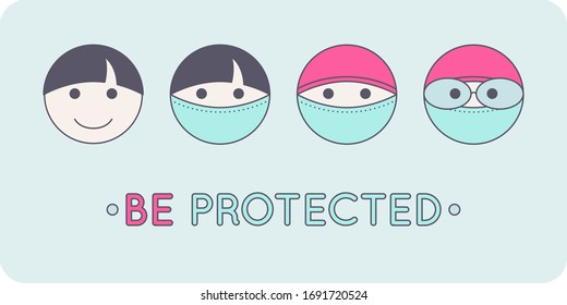 Symbol of consistent protection during the coronavirus pandemic. Wear a medical mask, hat and goggles. Defend against Covid-19. With the words Be protected.
