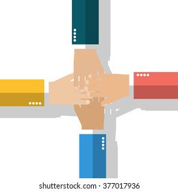 Symbol of cooperation, partnership, association, friendship, unity, togetherness. Joined. Togetherness concept. Team businessman connection hands in a sign of unity. Vector illustration, flat style.