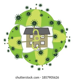 The symbol of the coronavirus. Poster stay at home.Self-isolation, quarantine, and being at home during the SIDS-19 epidemic