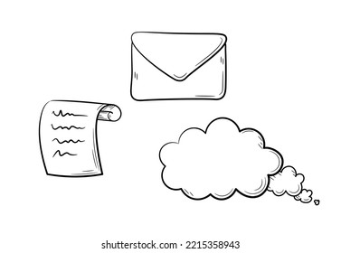 Symbol of correspondence in the cloud, an envelope and a sheet of paper with notes. Hand drawn with lines in doodle style. Isolated vector illustration.