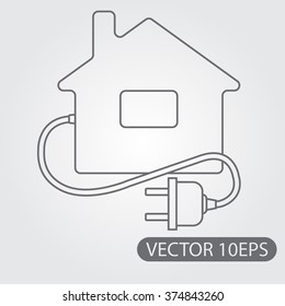 Symbol cottage with an electric plug black and white outline drawing. Eco house, eco technology.