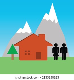 Symbol of a couple near a house in the mountains