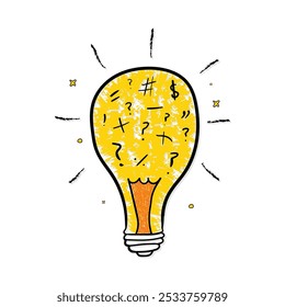 Symbol of creativity, hand drawn idea light bulb with rays shine, doodle cartoon style innovation vector illustration
