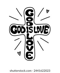 The symbol is a cross with the inscription, God is love, with hearts and rays of light. Easter. Lettering. Vector doodle illustration