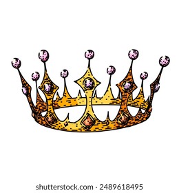 dibujo a mano de la reina de la corona. oro dorado, conjunto aislado, símbolo vintage de reino corona reina boceto de Vector. ilustración de color aislado