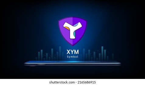 Símbolo criptográfico símbolo (token) de moneda sale de un smartphone. Icono de moneda en fondo oscuro. Comercialización de criptodivisa en el mercado de valores a solicitud. Para sitio web o banner. Ilustrador de vectores.