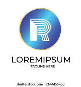 Symbol of crypto and tech Letter R in form of chip lines Template for logo