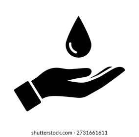Símbolo de una mano humana ahuecada sosteniendo suavemente una sola gota de agua que cae, lo que significa cuidado e hidratación