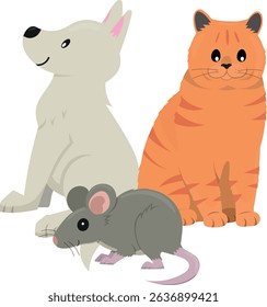 Symbol of cute animals, dog, cat, mouse, flat vector illustration.