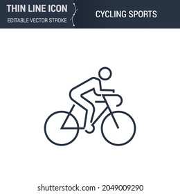 Symbol of Cycling Sports Thin Line Icon of Sport and Fitness. Stroke Pictogram Graphic Suitable for Infographics. Editable Vector Stroke. Premium Mono Linear Plain Laconic Logo