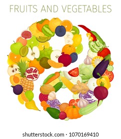 A symbol of dao from food. Vector. Yin and yang from vegetables and fruits. Concept of healthy nutrition.