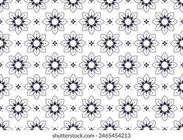 Symbol dark blue floral on white background, ethnic fabric seamless pattern design for cloth, carpet, batik, wallpaper, wrapping etc.