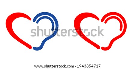 Symbol for deafness with love heart. Limited hearing. Ear hearing loss symbol. Ear icon. Flat vector signs. Deaf problem. Hearing loss impairment logo. World hearing day or world deaf day.
