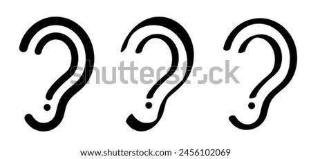 Symbol for deafness and question mark. Limited hearing pictogram. Ear hearing loss symbol. Ear icon. Flat vector sign. Deaf problem. Hearing loss impairment logo. World hearing day or world deaf day. 