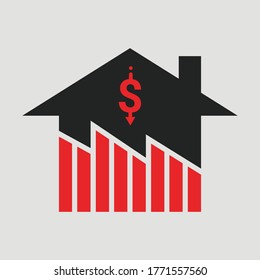 Symbol of decline in real estate business and properties market price crisis. Design by financial chart of value going down with home and pricing down sign.  Flat Vector illustration icon