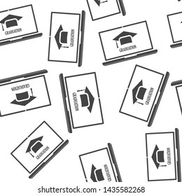 Symbol of a degree for teaching. Vector webinar icon, online training  seamless pattern on a white background.