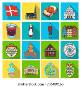 Symbol, Denmark, buildings and other web icon in flat style.Design, history, tourism icons in set collection.