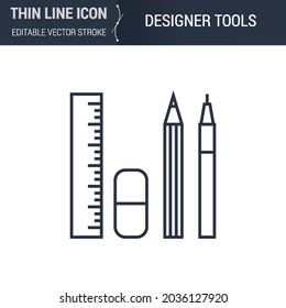 Símbolo de las herramientas de diseño Icono de línea delgada del juego de impresión y modelado 3D. Gráfica de Pictograma de trazo adecuado para infografías. Estroque de vectores editable. Logotipo Laconic Premium Mono Linear Plain