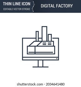 Símbolo del icono de línea delgada de fábrica digital del juego de impresión y modelado 3D. Gráfica de Pictograma de trazo adecuado para infografías. Estroque de vectores editable. Logotipo Laconic Premium Mono Linear Plain