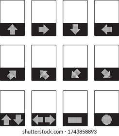 Symbol for directions, sign for Turn left, Go straight, Turn right, Keep left, Keep right on black and white label