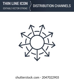Symbol of Distribution Channels Thin Line Icon of Advertising Media. Stroke Pictogram Graphic Suitable for Infographics. Editable Vector Stroke. Premium Mono Linear Plain Laconic Logo