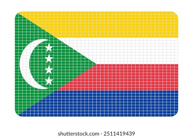 Um símbolo de diversidade e unidade. A bandeira comoriana possui um design vibrante com quatro listras horizontais de amarelo, branco, vermelho e azul, e uma faixa vertical verde no lado do guincho com um carro branco