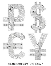 Symbol of dollar, yen, euro, ruble zentangle. Vector decorative object