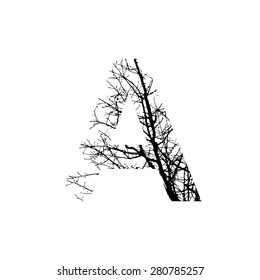 Symbol  double exposure with black tree isolated on white background.Vector  illustration. Black and white double exposure silhouette numbers combined with photograph of nature.Letters of the alphabet