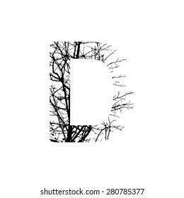 Symbol  double exposure with black tree isolated on white background.Vector  illustration.Black and white double exposure silhouette numbers combined with photograph of nature.Letters of the alphabet
