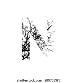 Symbol double exposure with black tree isolated on white background.Vector  illustration.Black and white double exposure silhouette numbers combined with photograph of nature.Letters of the alphabet