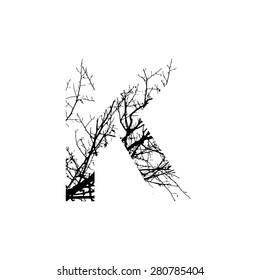Symbol double exposure with black tree isolated on white background.Vector  illustration.Black and white double exposure silhouette numbers combined with photograph of nature.Letters of the alphabet