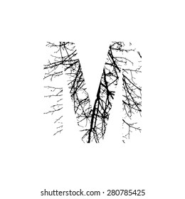 Symbol double exposure with black tree isolated on white background.Vector  illustration.Black and white double exposure silhouette numbers combined with photograph of nature.Letters of the alphabet