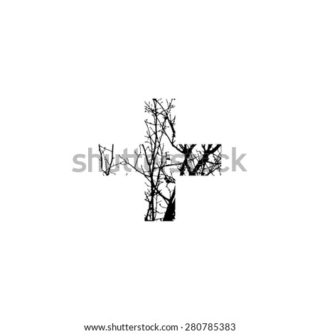 Symbol  double exposure with black tree isolated on white background.Vector  illustration.Black and white double exposure silhouette numbers combined with photograph of nature.Letters of the alphabet