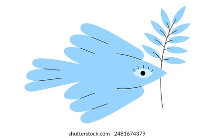 Symbol of a dove with an olive branch. Symbol of peace. Blue and white design