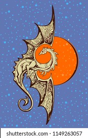 symbol dragon with a background of the orange sun