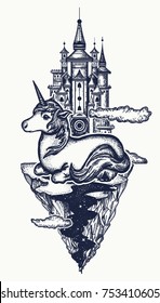 Symbol of dream, magic. Medieval castle and fairy tale unicorn tattoo and t-shirt design 