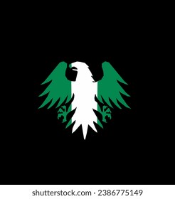 The symbol is an eagle in the colors of the Nigerian flag, green, white, and green on a black background. nigerian eagle vector