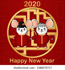  The symbol of the eastern 2020 new year white rat, a mouse on a red background with gold elements. Two vector rats, a boy and a girl, in national red costumes.  Rats kawaii.