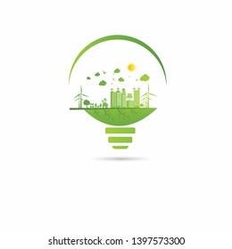 symbol ecology bulb logos of green with sun and leaves nature element icon on white background.vector illustrator 