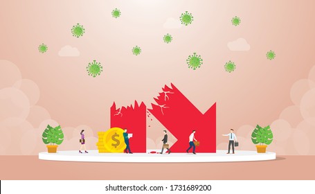 Symbol economic growth collapsed near businessman impact corona virus modern flat cartoon style vector illustration